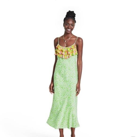 Rixo for Target Leopard Green Ruffle Slip Dress-S - Picture 1 of 6